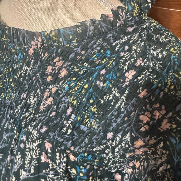 Loft Green Floral Dress sz 4 Smocked Cottagecore Fairy Ditsy Prairie Mini - Picture 4 of 7